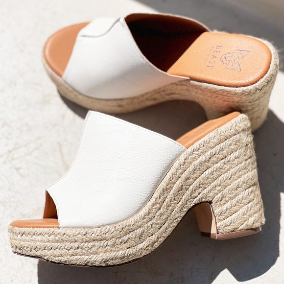 NEW White Faux Leather Espadrille Chunky Platform Wedge Slip On Slides Sandals - Picture 9 of 15